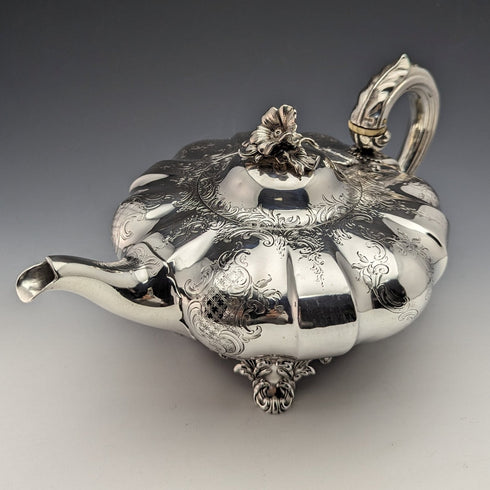 1847 British Antique Sterling Silver Melon-shaped Teapot 696g Charles&George